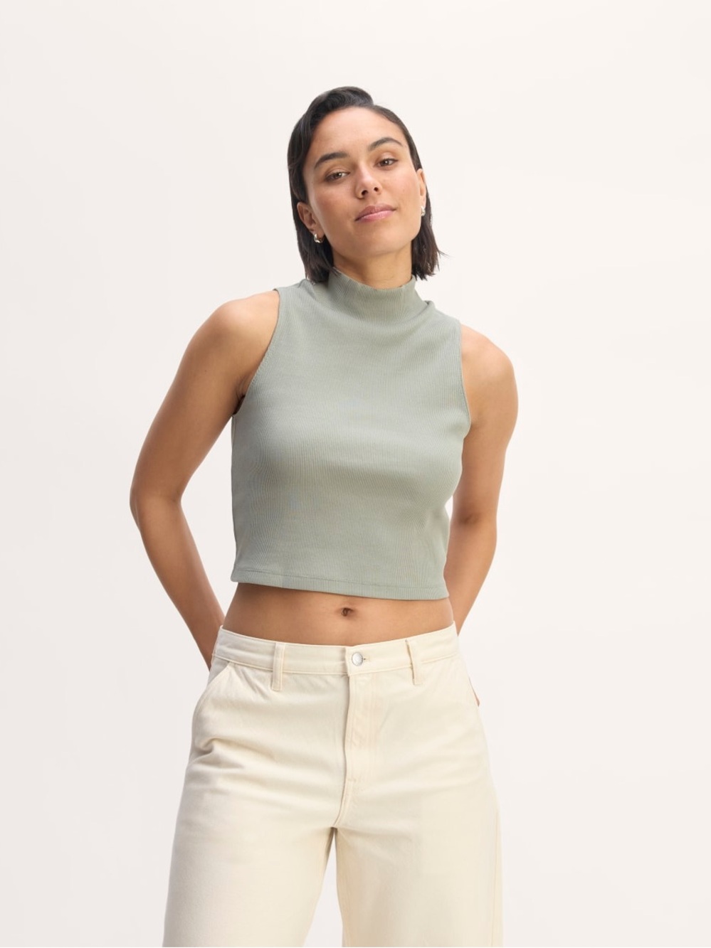 Everlane Sage Green Ribbed Mock Neck Cropped Tank Top Size Medium